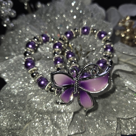 Fashion Jewelry I Butterfly Double Bracelet I Faux Purple Pearl I Expandable - Picture 7 of 9